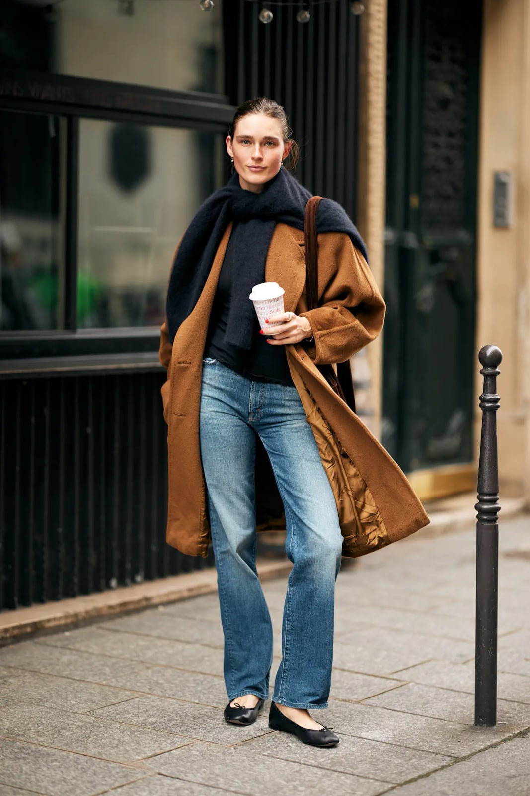 Camel Coat Blue Jeans Black Flats — Chic Style