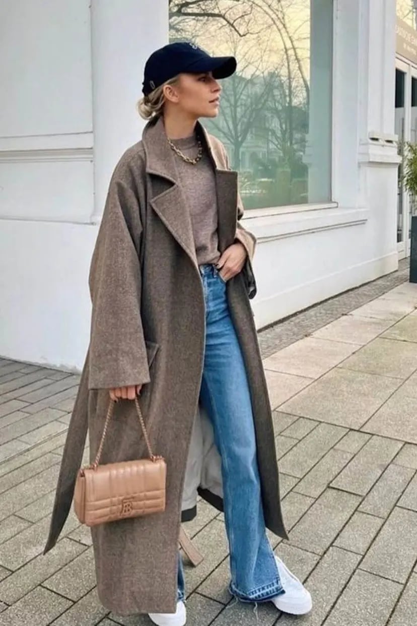 Textured Coat Blue Jeans White Sneakers — Chic Style