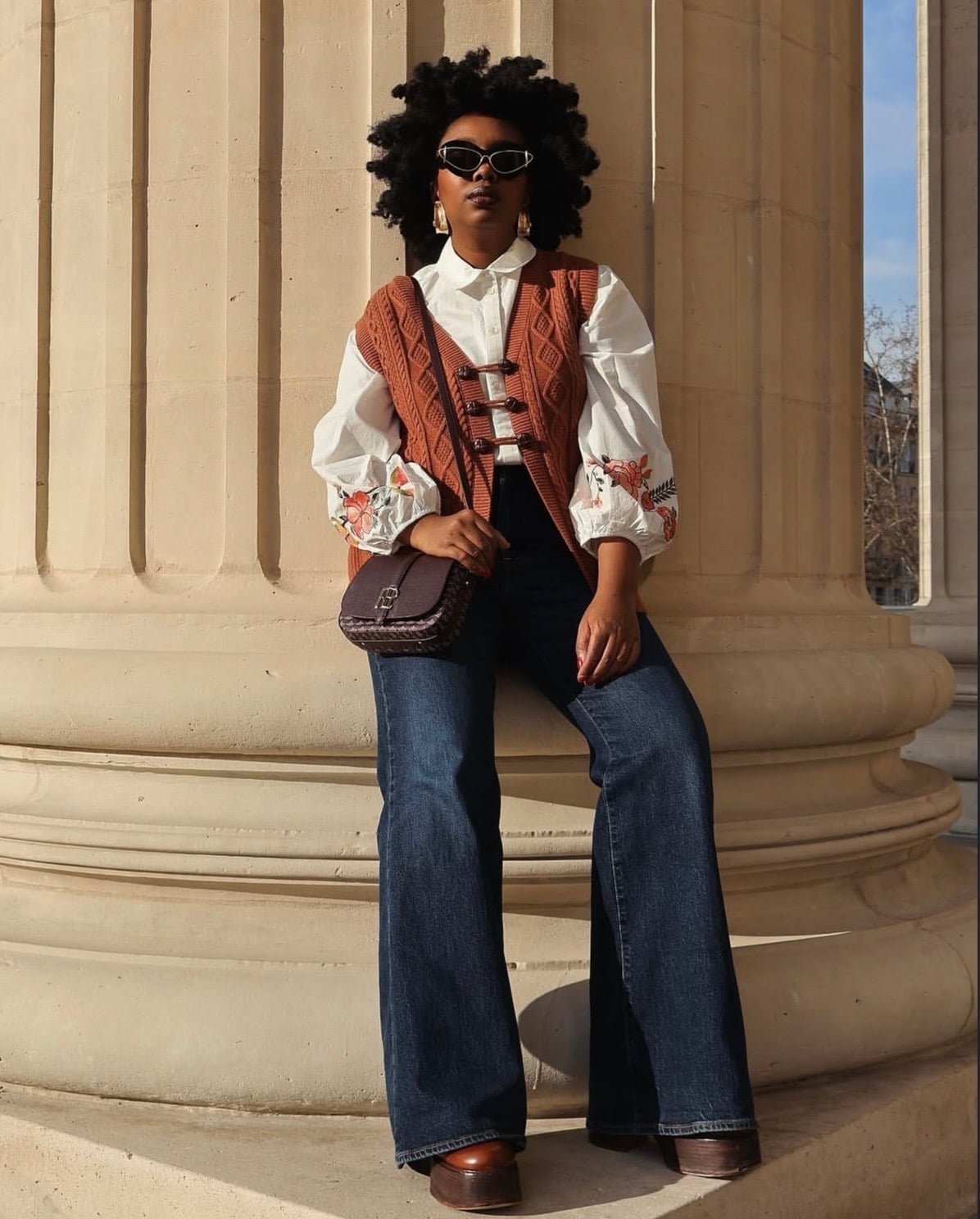 White Embroidered Shirt Brown Vest — Chic Style