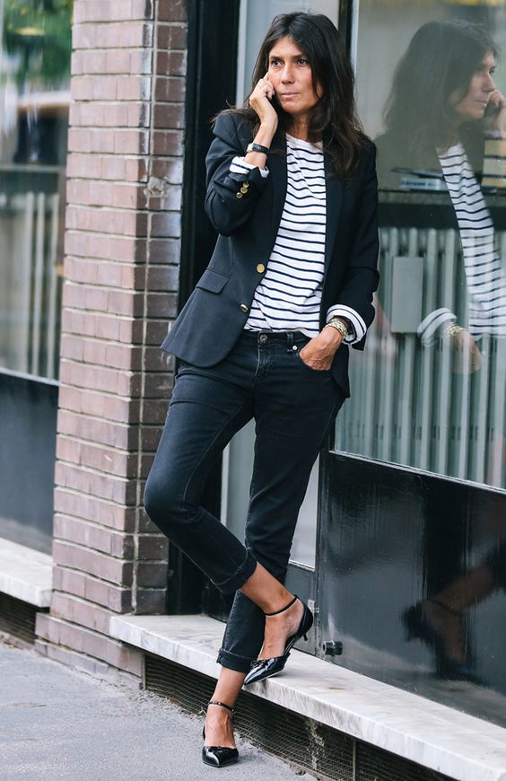 Black Blazer Striped Tee Slim Jeans — Chic Style
