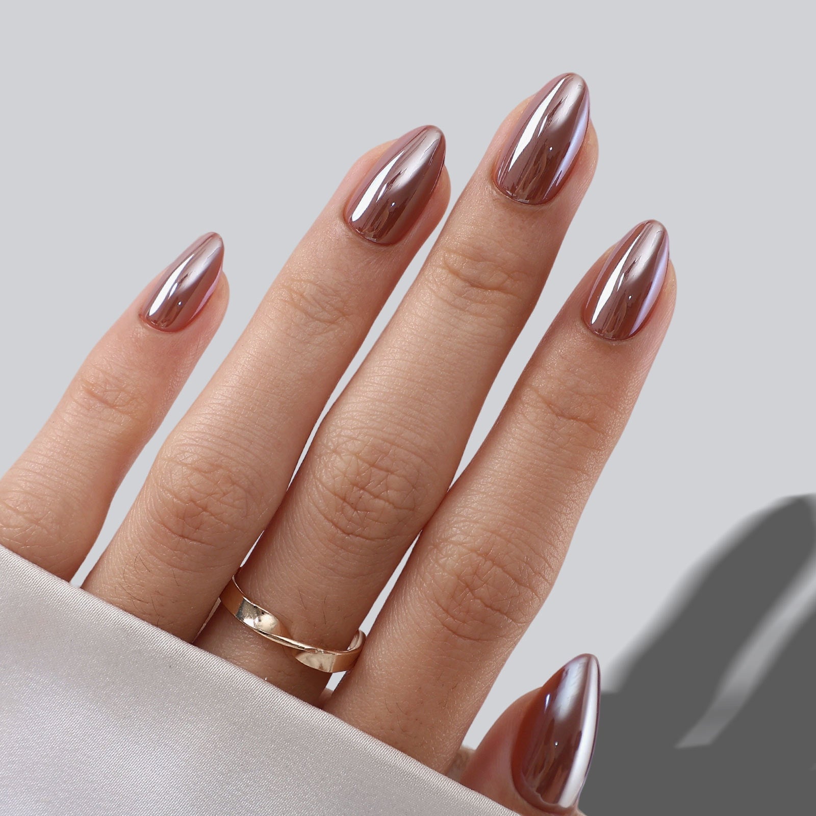 Short Almond Chocolate Chrome Nails — Chocolate Nails