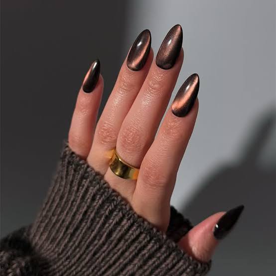 Medium Almond Deep Brown Copper Cat-Eye, Close-Up Take — Chocolate Nails