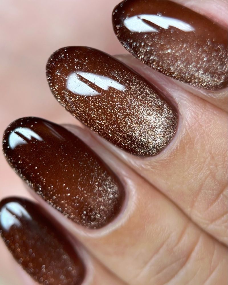 Medium Oval Deep Brown Gold Shimmer Cat-Eye — Chocolate Nails