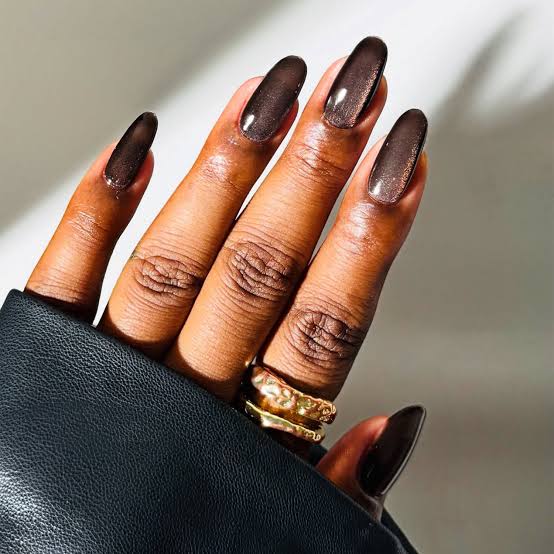 Long Oval Glossy Dark Brown Shimmer — Chocolate Nails