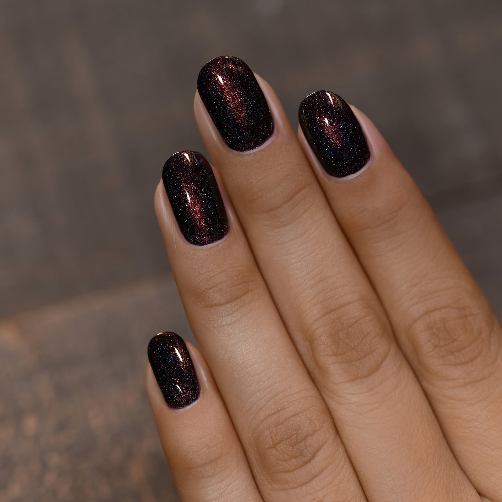 Short Oval Dark Brown Holographic Finish — Chocolate Nails