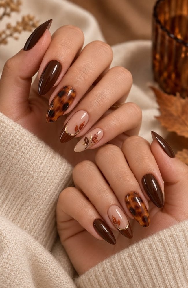 Medium Oval Deep Brown Gold Foil Accents — Chocolate Nails