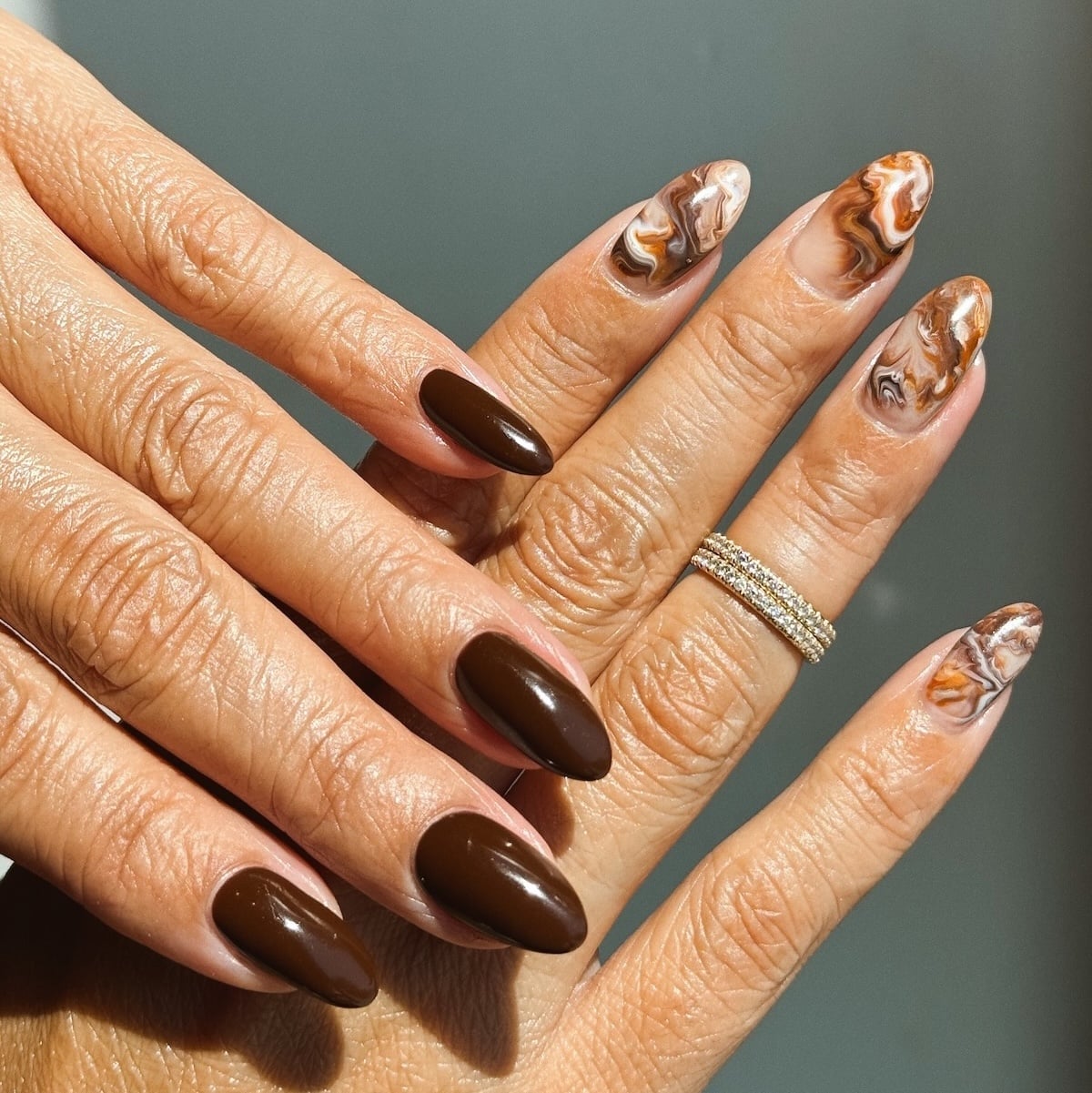 Medium Oval Deep Brown Marbled Accents, Close-Up Take — Chocolate Nails
