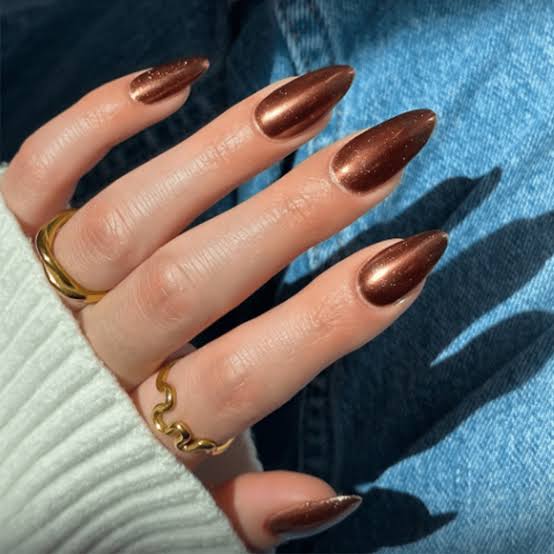 Long Almond Warm Chocolate Chrome — Chocolate Nails