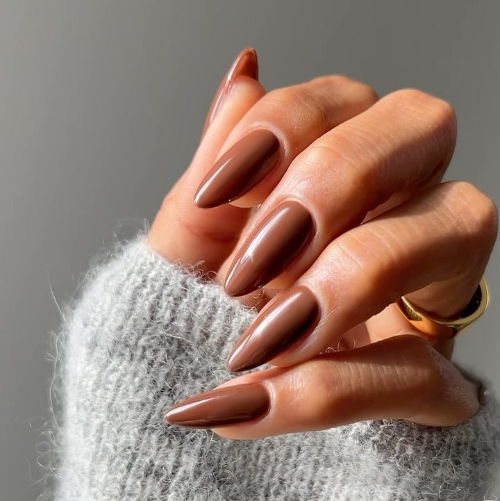 Medium Almond Opaque Brown Glossy, Close-Up Take — Chocolate Nails