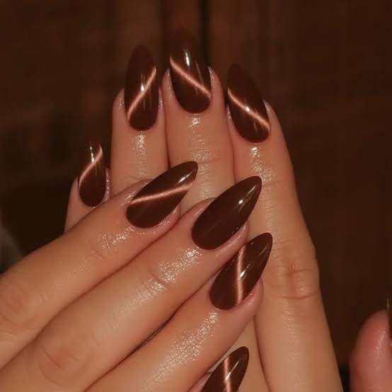 Both Hands Medium Almond Brown, Showcasing The Uniform Color And Shine — Chocolate Nails