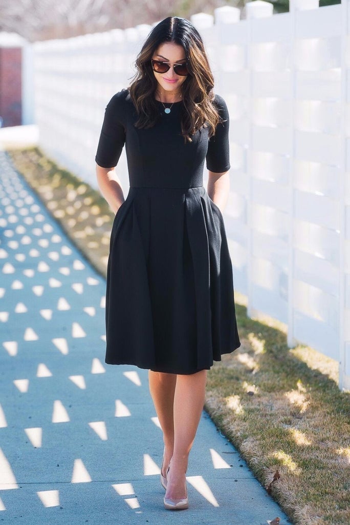 Black A-Line Midi Dress with Pleated Skirt Black A-Line Midi Dress with Pleated Skirt — Church Dresses