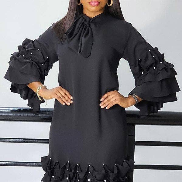 Black A-Line Midi Dress with Ruffled Sleeves Black A-Line Midi Dress with Ruffled Sleeves — Church Dresses