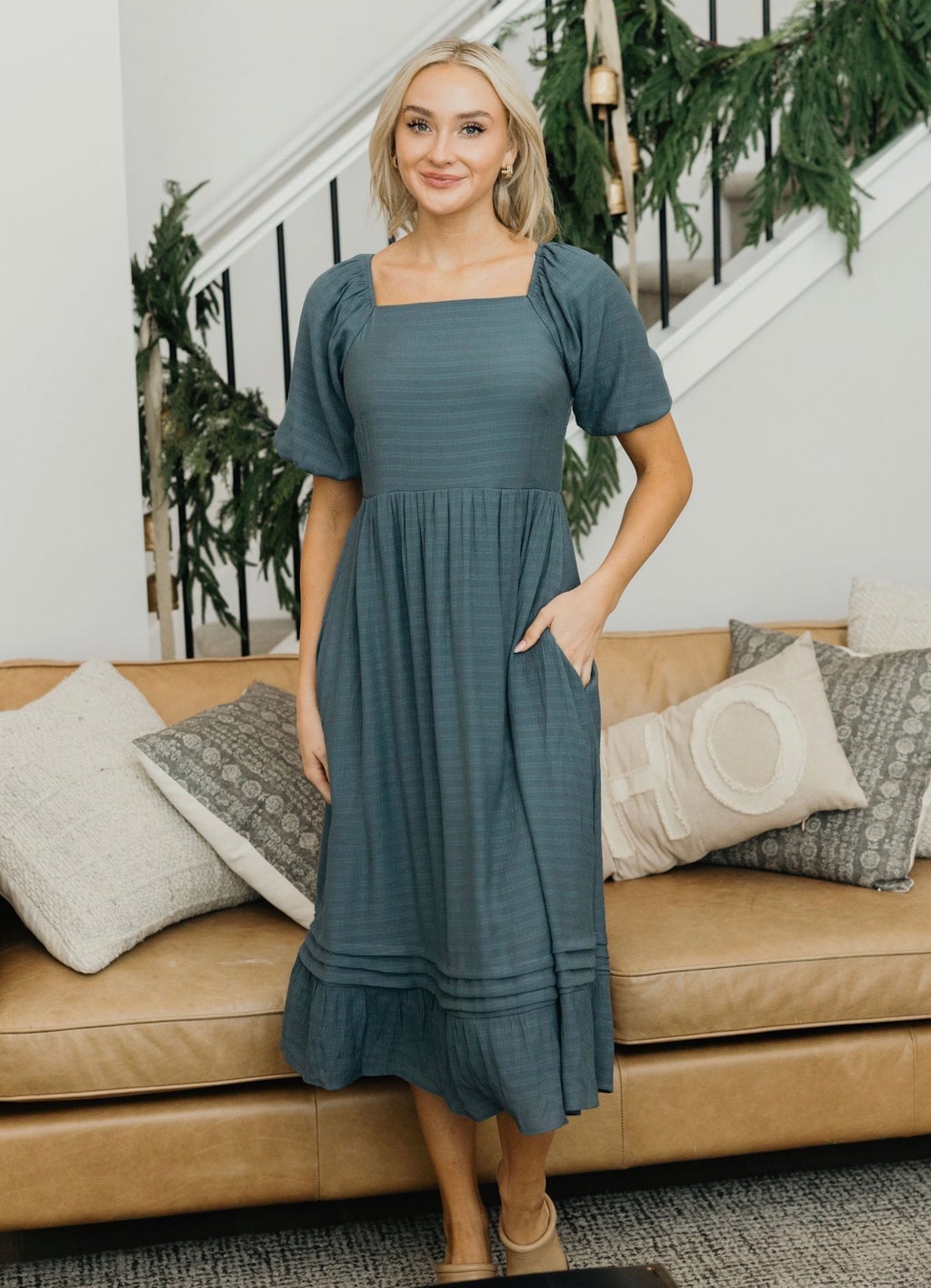 Blue-Gray Textured Fit and Flare Midi Dress Blue-Gray Textured Fit and Flare Midi Dress — Church Dresses