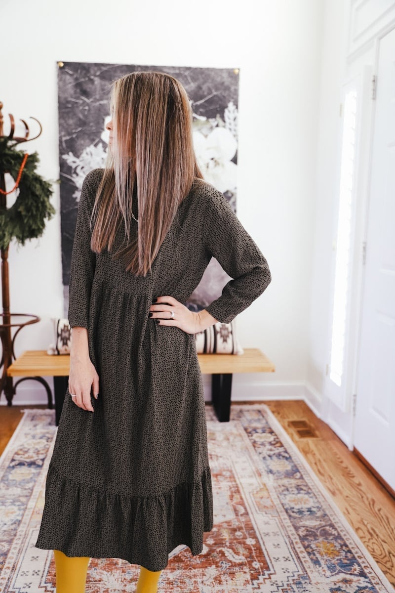 Dark Gray Tiered Midi Dress with Yellow Tights Dark Gray Tiered Midi Dress with Yellow Tights — Church Dresses