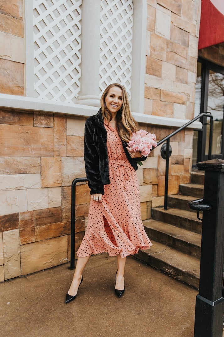 Pink Polka Dot Midi Dress with Faux Fur Jacket Pink Polka Dot Midi Dress with Faux Fur Jacket — Church Dresses