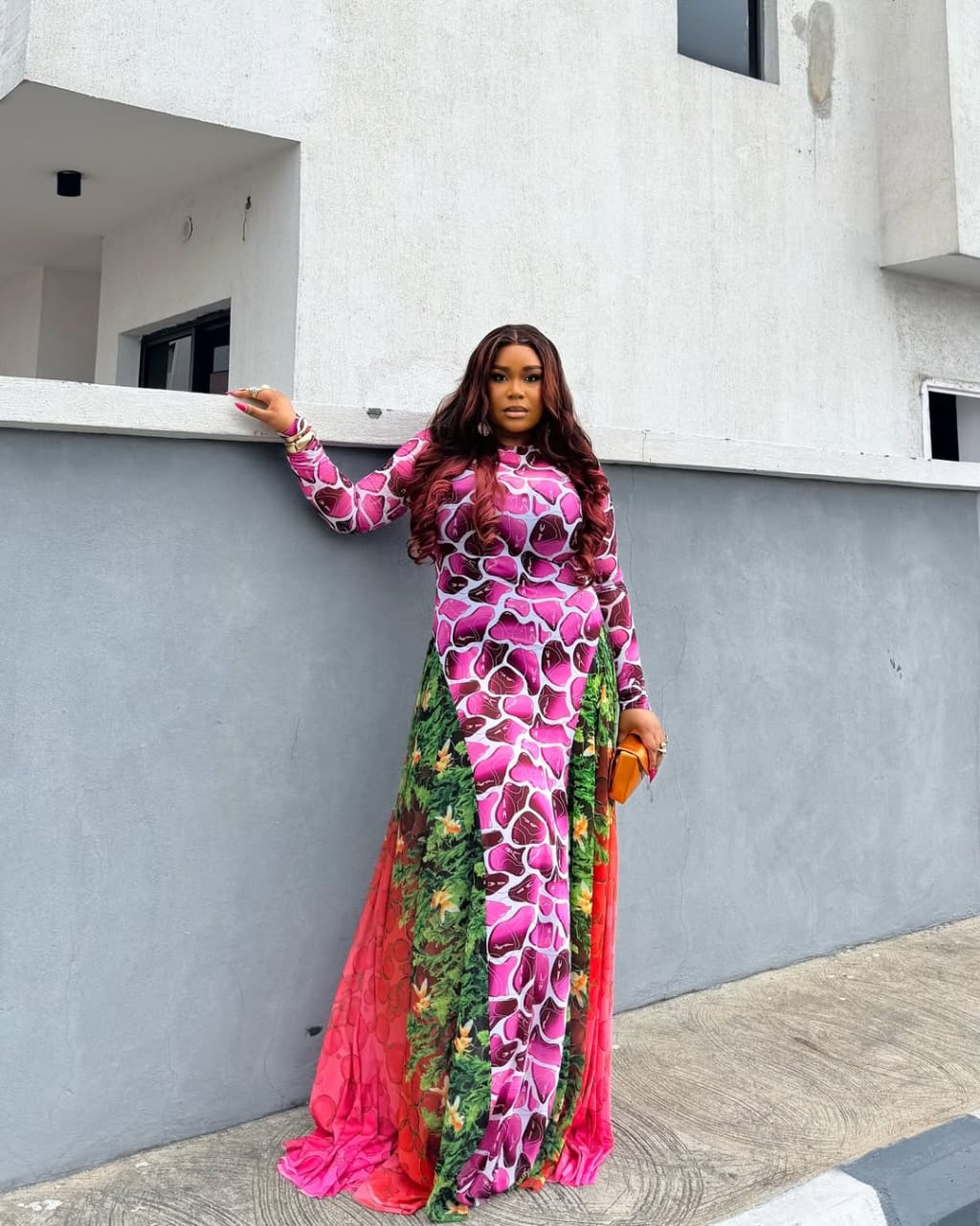 Floral Print Maxi Dress with Orange Clutch Floral Print Maxi Dress with Orange Clutch — Church Dresses