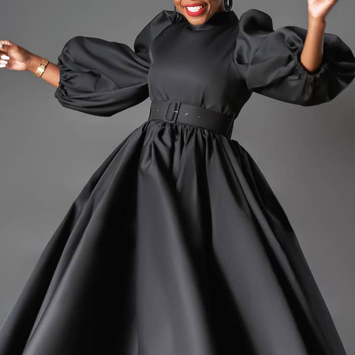 Black Satin Dress with Puff Sleeves Black Satin Dress with Puff Sleeves — Church Dresses