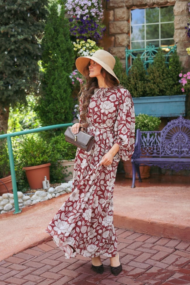 Maroon Floral Chiffon Maxi Dress Maroon Floral Chiffon Maxi Dress — Church Dresses