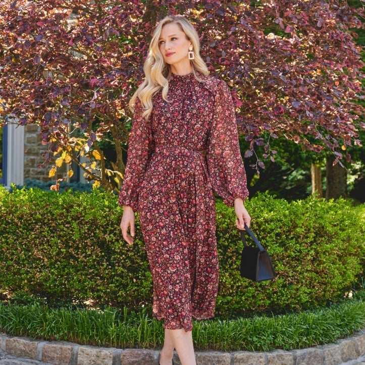 Floral Chiffon Midi Dress with Sheer Sleeves Floral Chiffon Midi Dress with Sheer Sleeves — Church Dresses