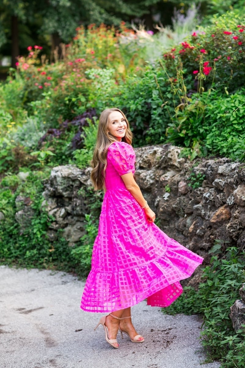 Bright Pink Puff Sleeve Midi Dress Bright Pink Puff Sleeve Midi Dress — Church Dresses