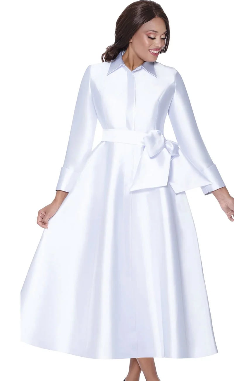 White Satin Shirt Dress with Bow Belt White Satin Shirt Dress with Bow Belt — Church Dresses