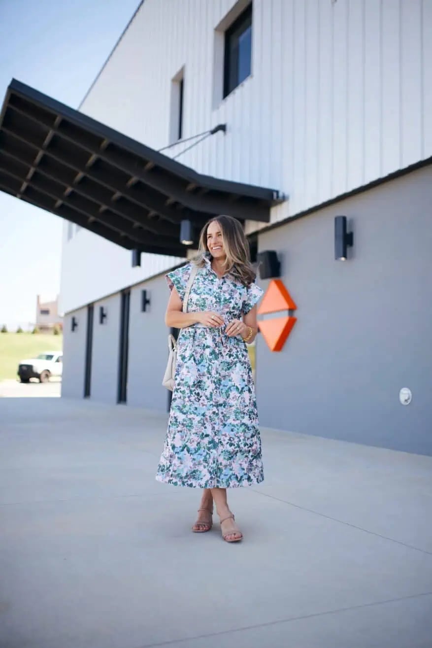 Blue Green Floral Midi Shirt Dress Blue Green Floral Midi Shirt Dress — Church Dresses