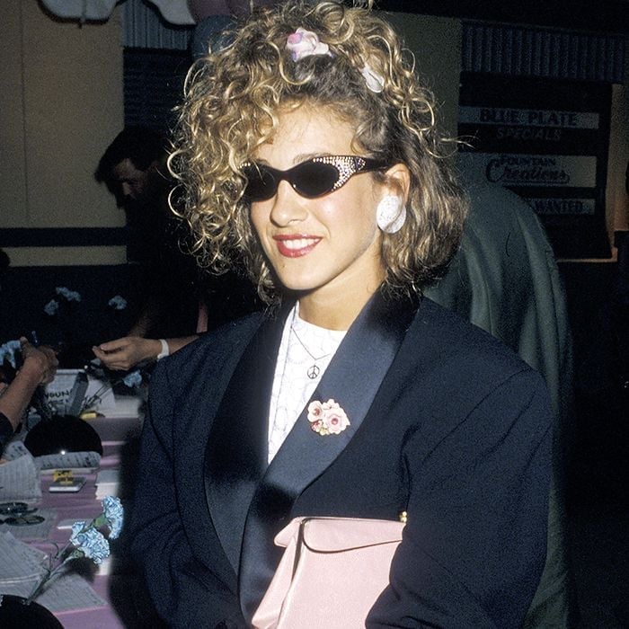 Black Satin Blazer With Rhinestone Sunglasses and Floral Brooch — Classy 80s Outfits