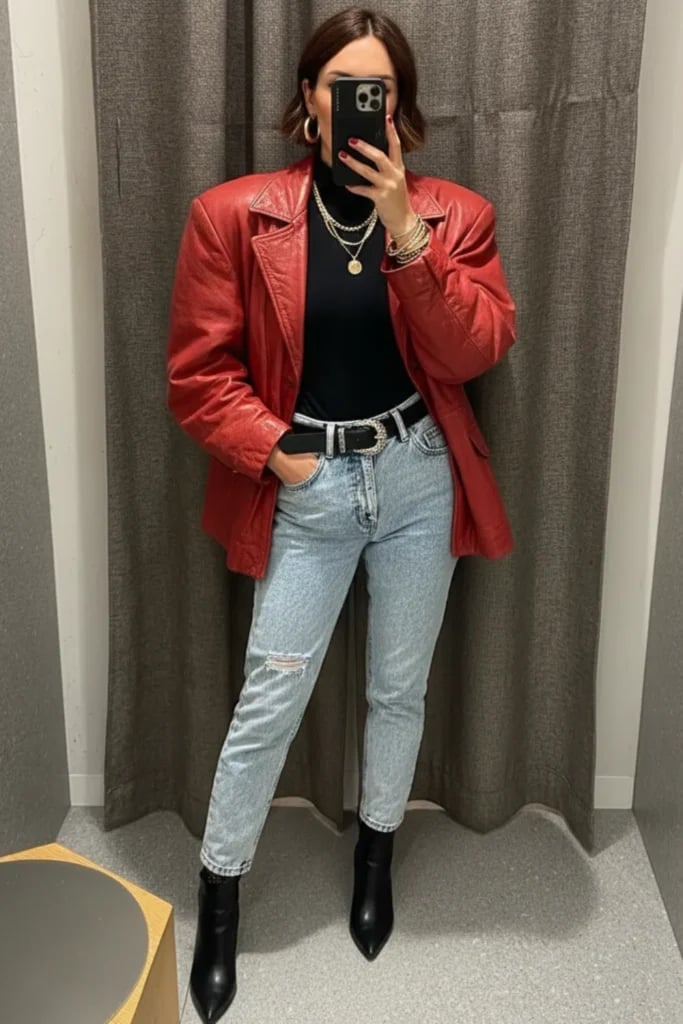 Red Oversized Leather Blazer With Acid Denim Jeans — Classy 80s Outfits