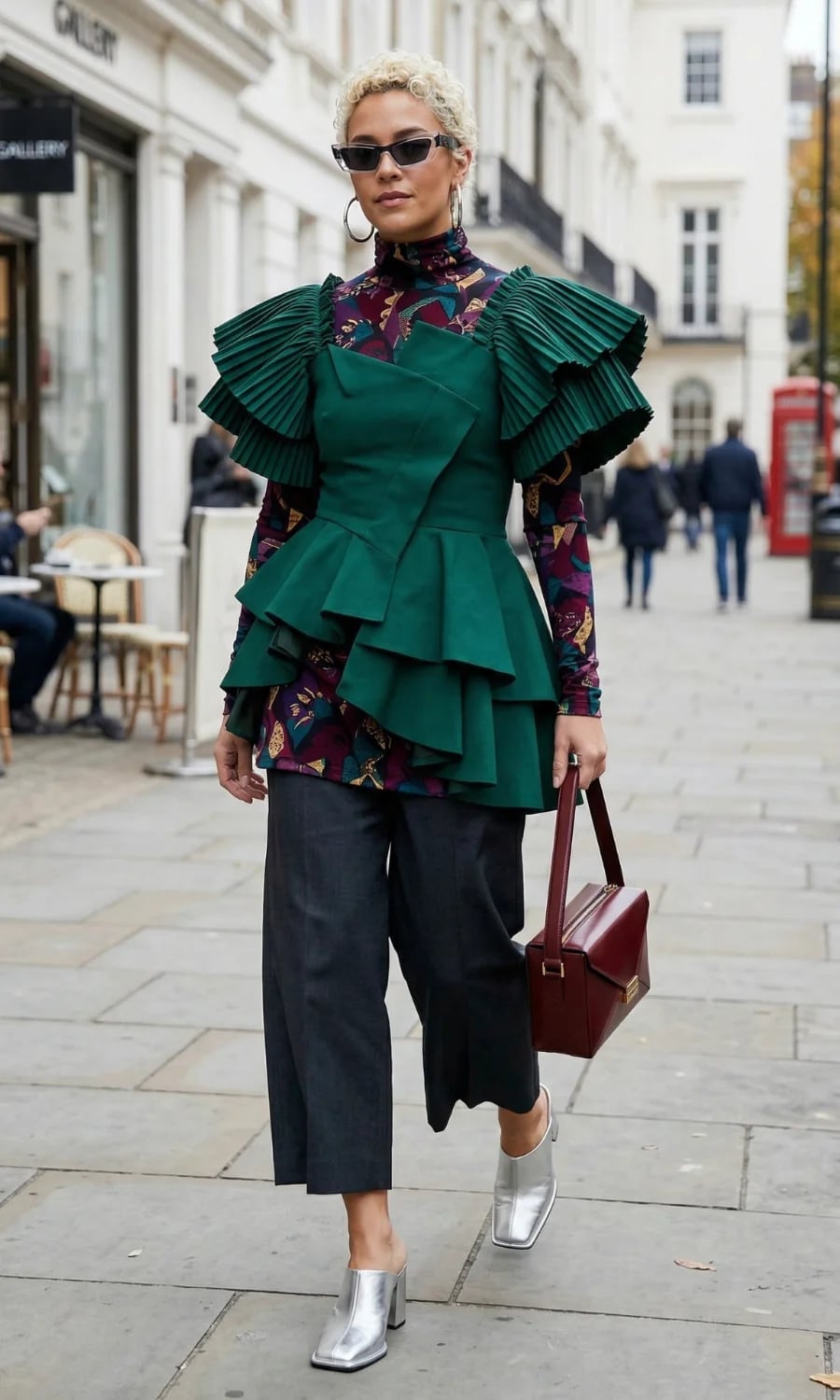 Emerald Green Top With Extreme Pleated Shoulders — Classy 80s Outfits