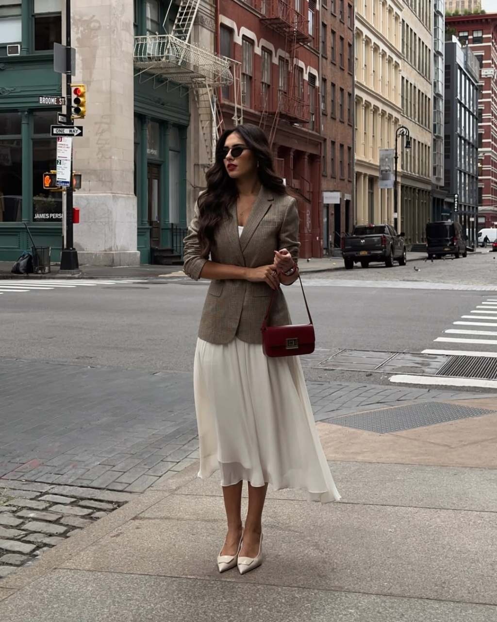 Brown Plaid Blazer With Flowing White Dress — Classy 80s Style