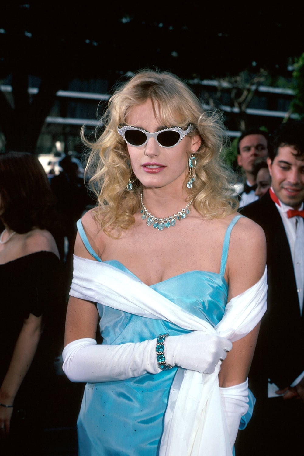 Blue Off-the-Shoulder Dress With Statement Jewelry — Classy 80s Style