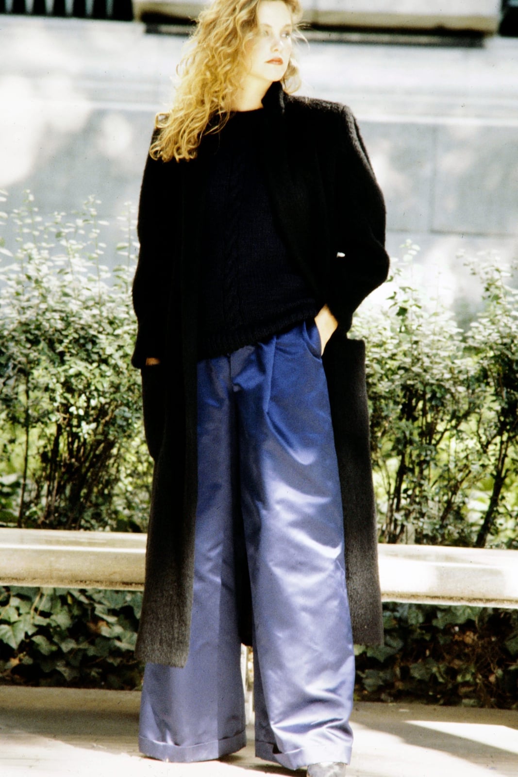 Black Coat Over Sweater With Wide-Leg Trousers — Classy 80s Style