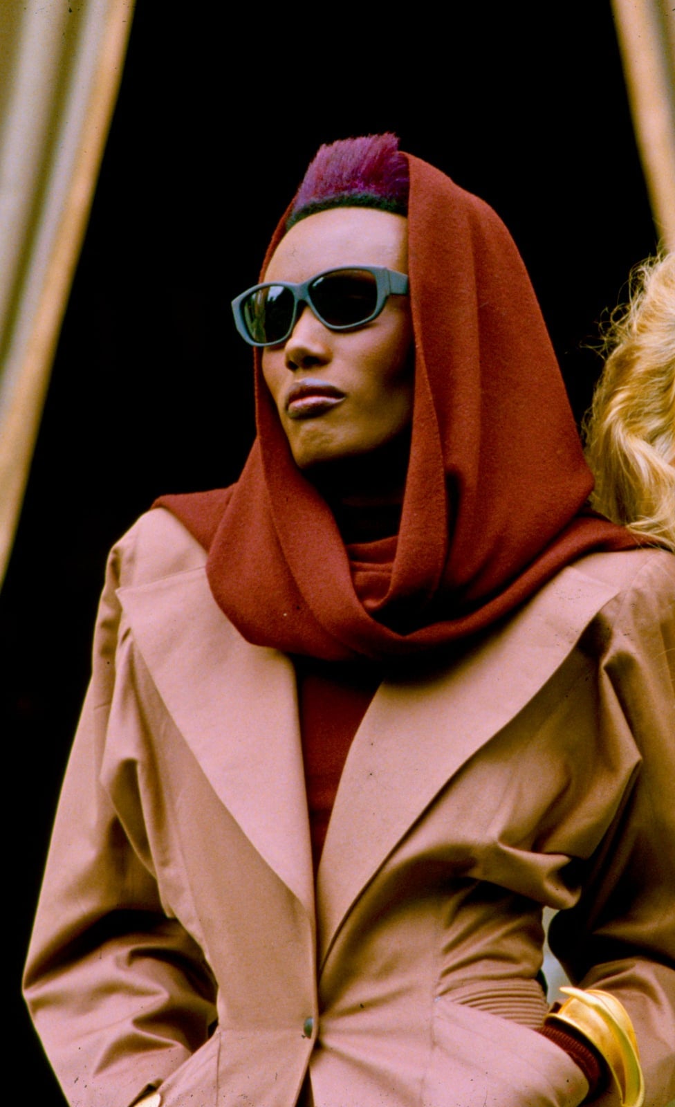 Tan Trench Coat With Burgundy Turtleneck — Classy 80s Style