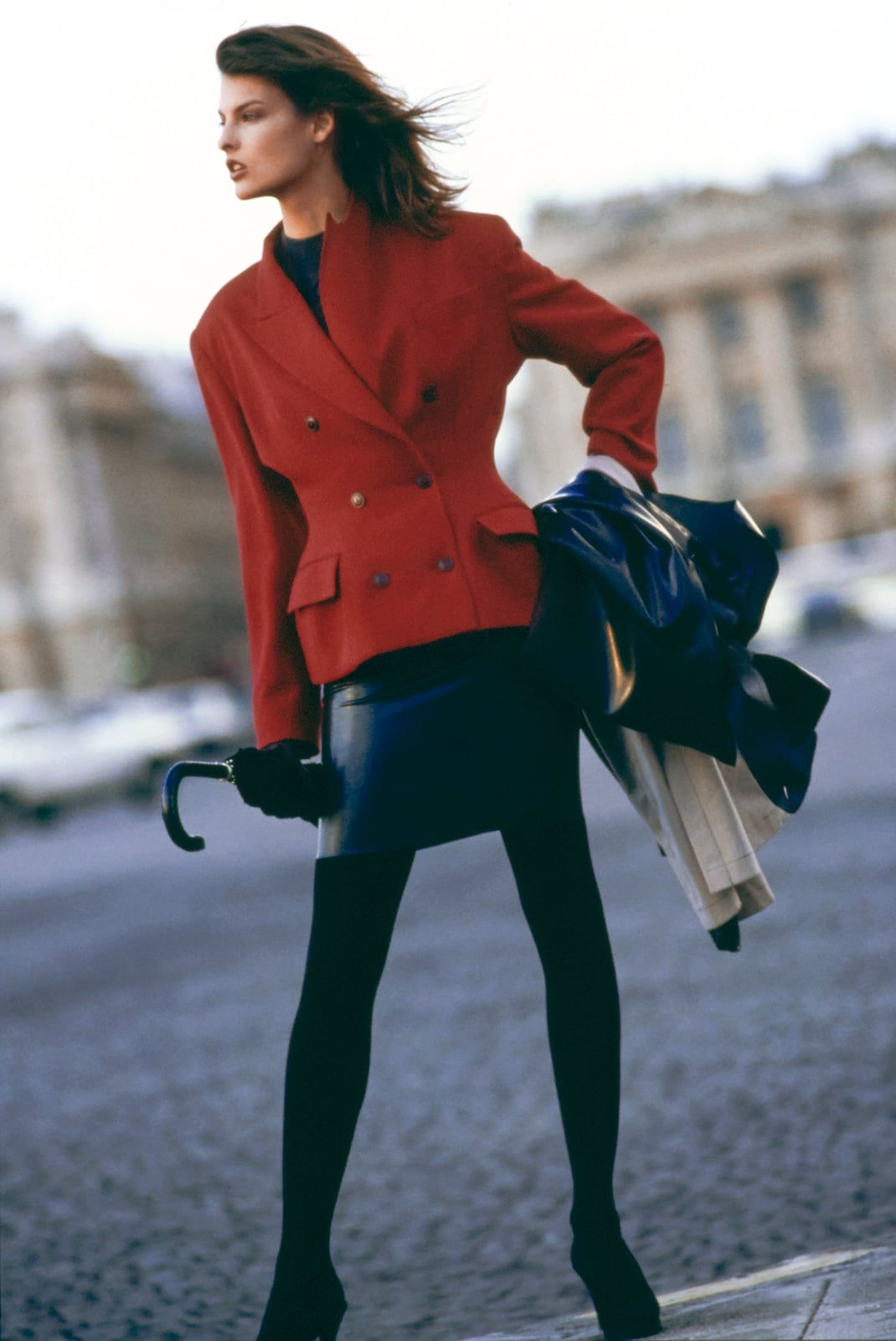 Red Double-Breasted Blazer Over Navy Jacket — Classy 80s Style