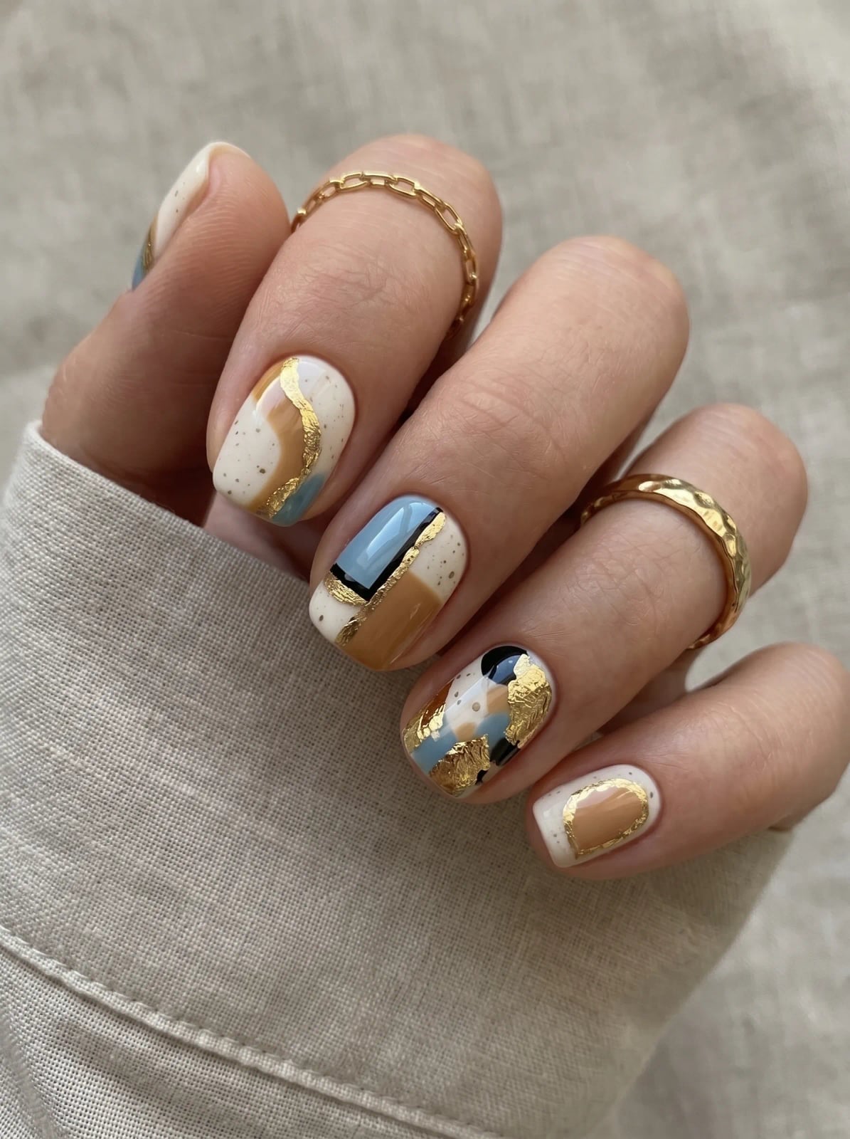 Matte Abstract Shapes with Gold Foil Accents — Classy Abstract Nails