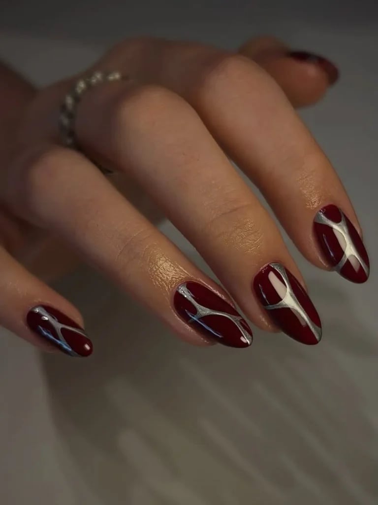 Medium Red with Metallic Silver Abstract Lines — Classy Abstract Nails