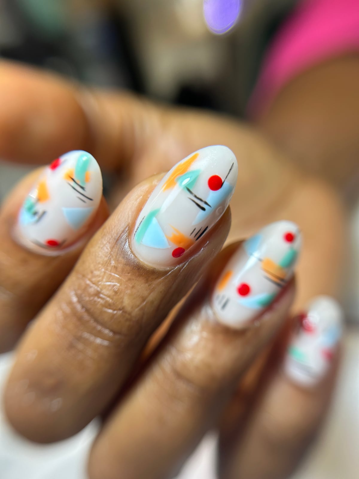 White Oval with Colorful Abstract Accents — Classy Abstract Nails