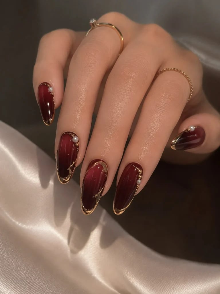 Deep Red to Black Velvet Gradient with Gold Foil — Classy Abstract Nails