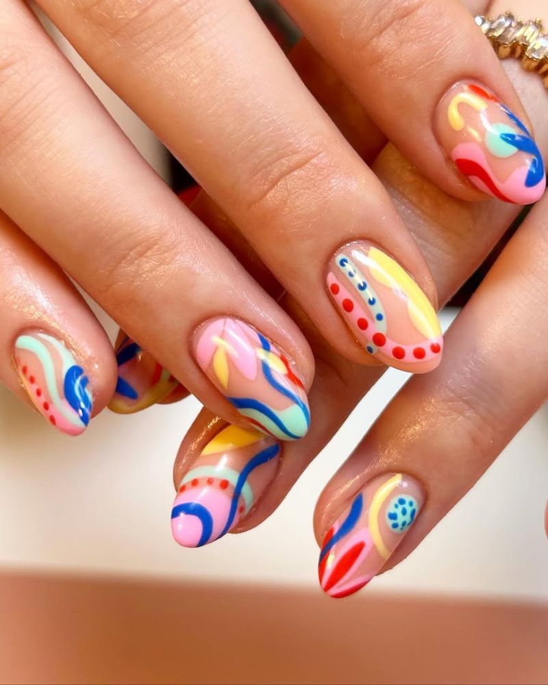 Short Oval Playful Colorful Wavy Lines — Classy Abstract Nails