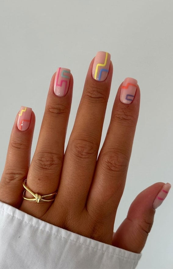 Pastel Geometric Lines on Short Square Nails — Classy Abstract Nails