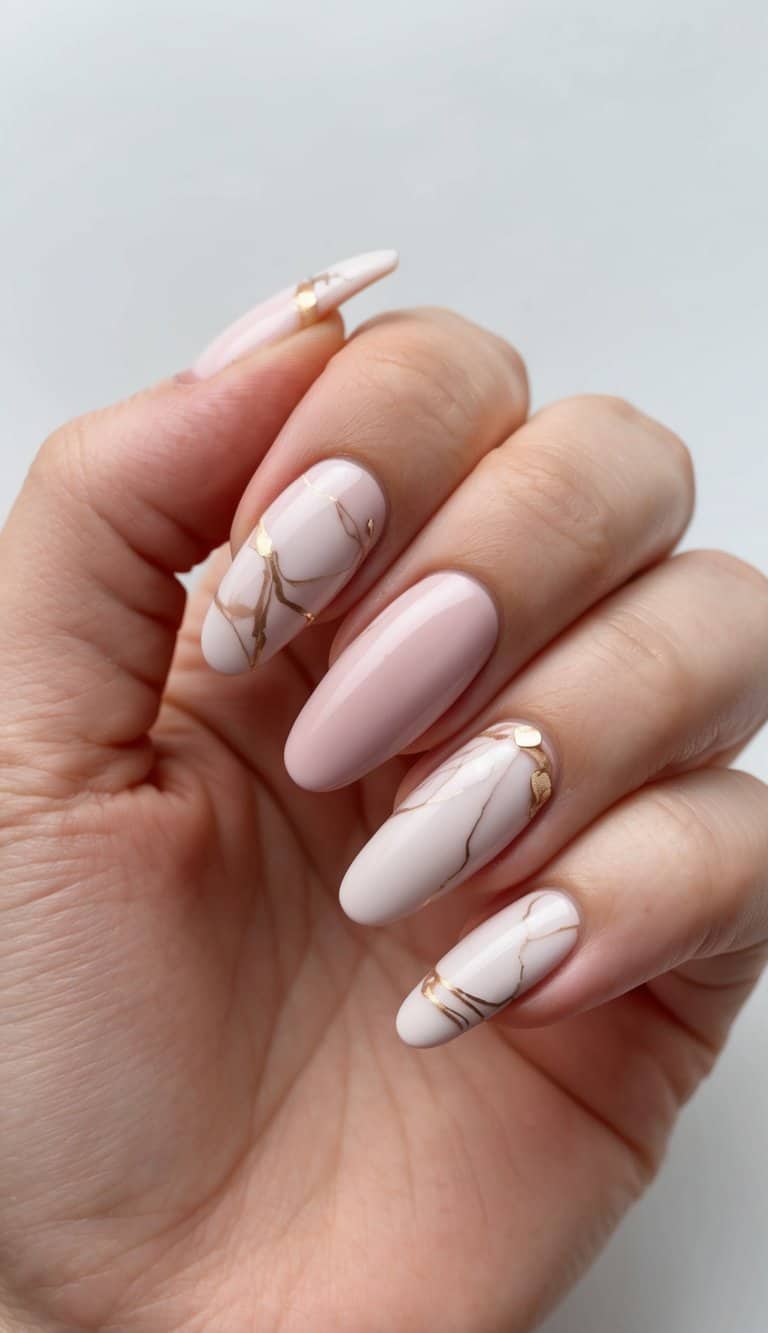 Milky Pink Marble with Gold Veins — Classy Abstract Nails