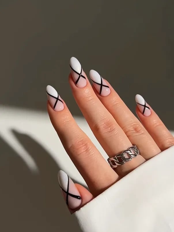Nude Sheer Geometric Lines — Classy Abstract Nails