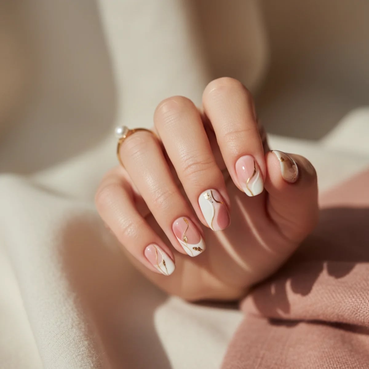 Sheer Pink Almonds with White and Gold Abstract — Classy Abstract Nails