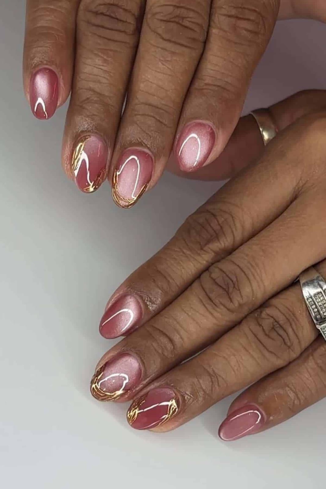 Rosy Pink Cat-Eye with Gold Swirls — Classy Abstract Nails