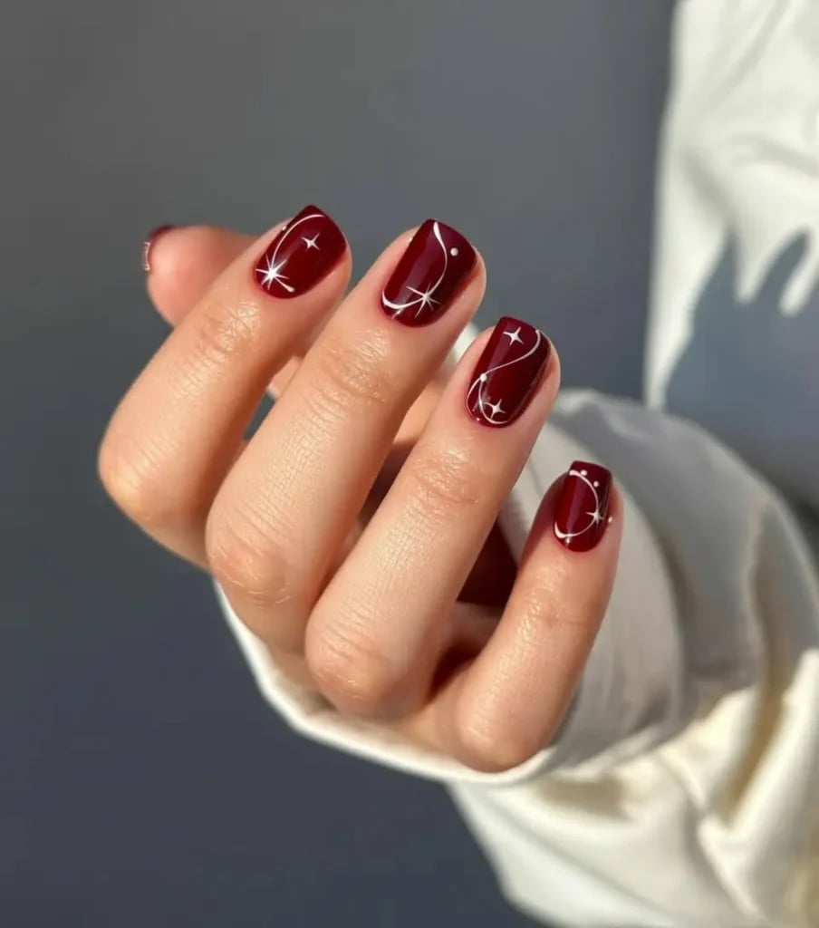 Deep Red Square with Celestial Line Art — Classy Abstract Nails