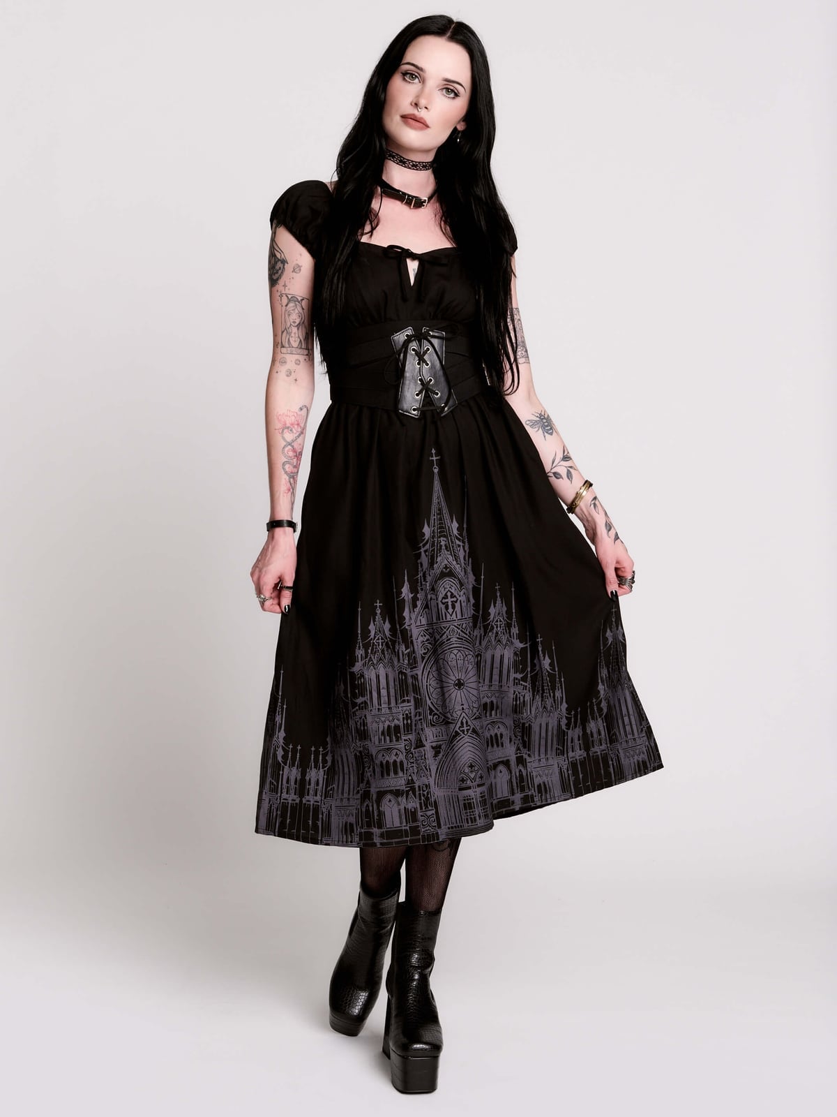 Midi Dress With Cathedral Print Skirt — Classy Alt Outfits