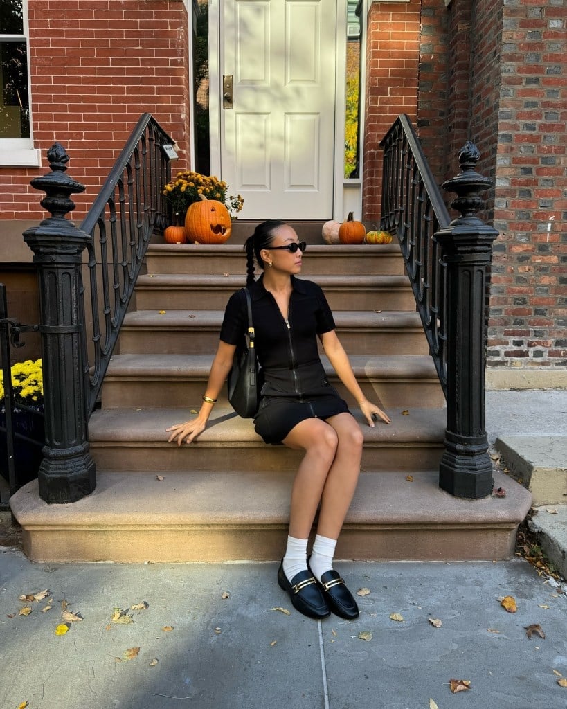 Casual Black Loafers With Mini Dress And White Socks — Classy Black Loafers Outfit