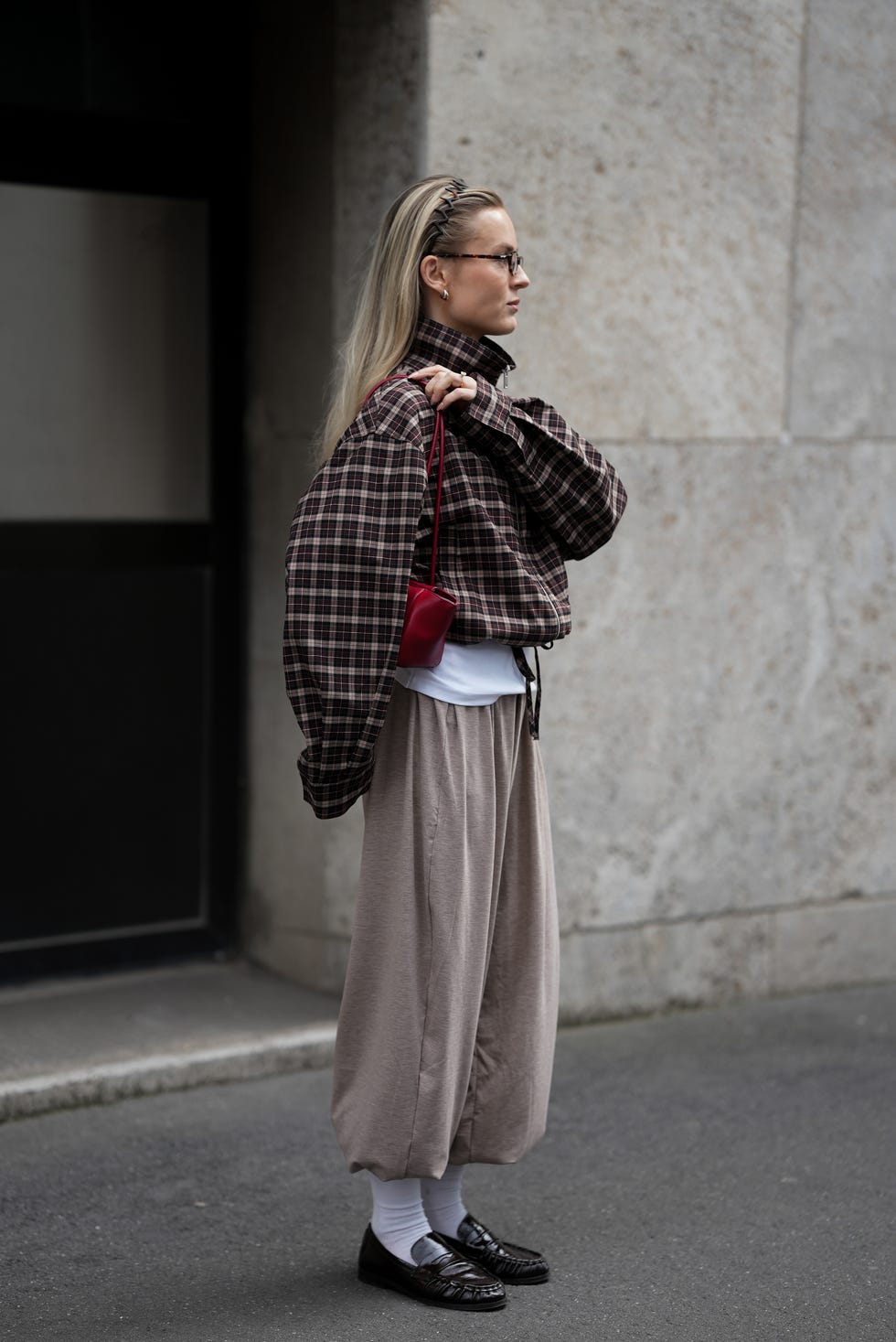 Oversized Plaid Jacket With Black Loafers And Trousers — Classy Black Loafers Outfit