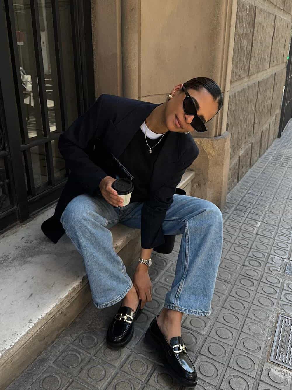 Smart Casual Black Loafers With Blazer And Jeans — Classy Black Loafers Outfit