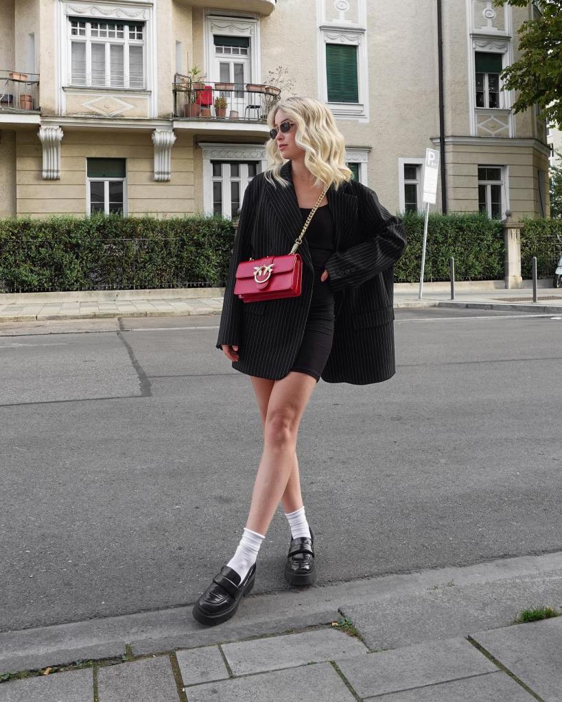 Black Loafers With Mini Dress And Pinstripe Blazer — Classy Black Loafers Outfit
